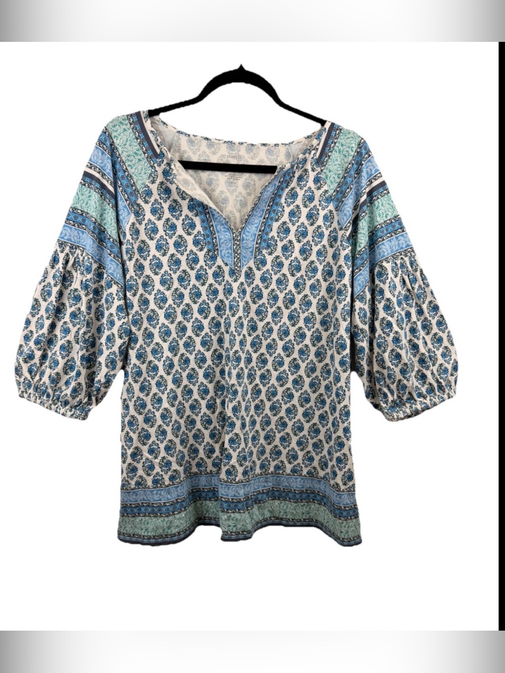 Pure jill Sz L Petite Split Tunic Boho Blue & Cream Printed Peasant‎ Top